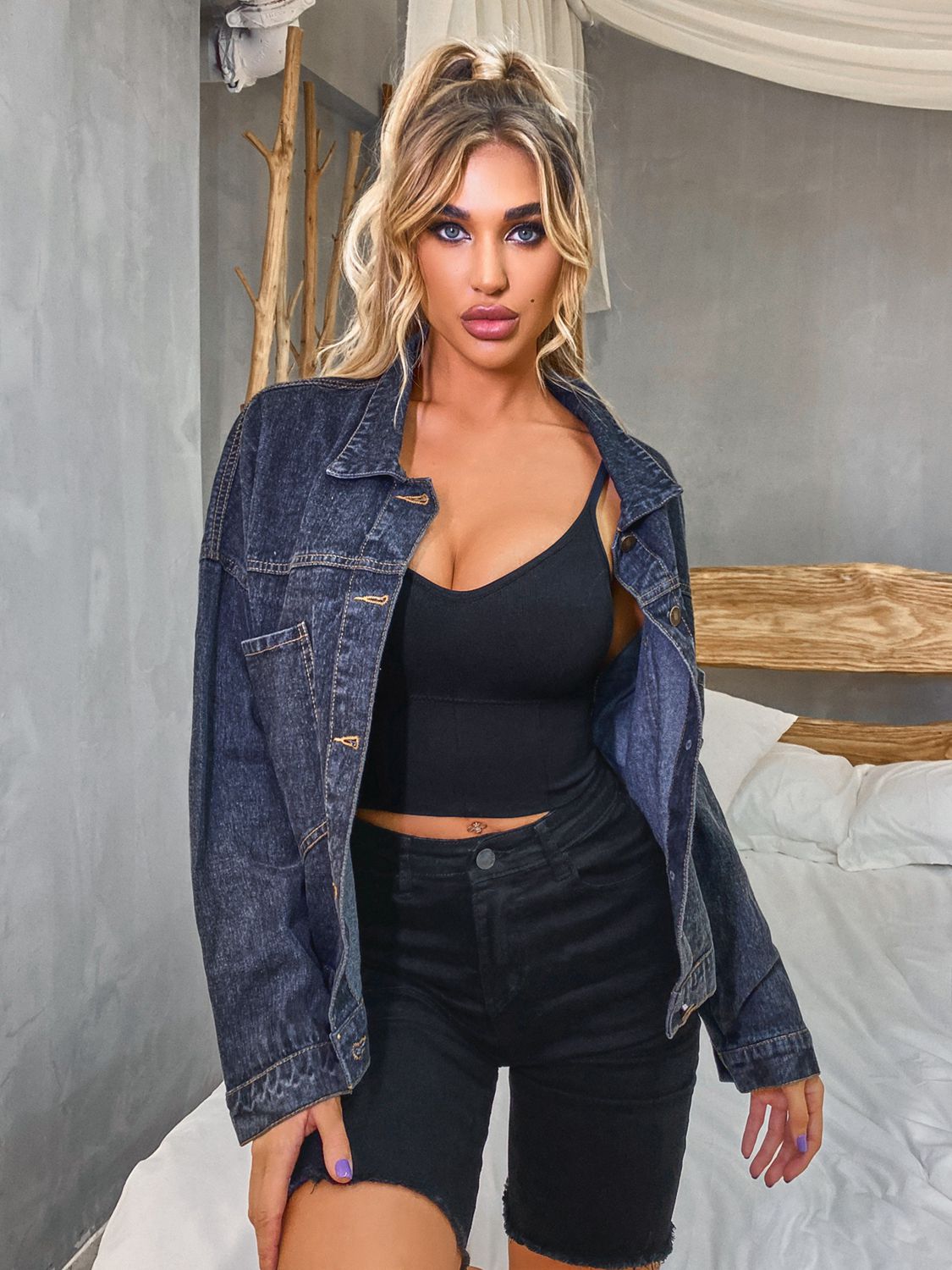 Collared Neck Dropped Shoulder Denim Jacket BLUE ZONE PLANET