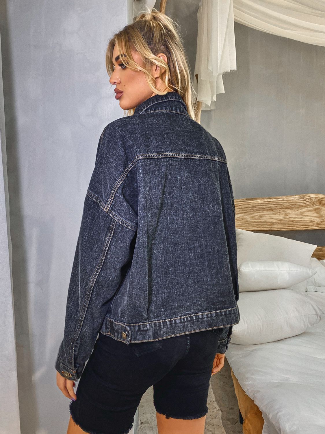 Collared Neck Dropped Shoulder Denim Jacket BLUE ZONE PLANET