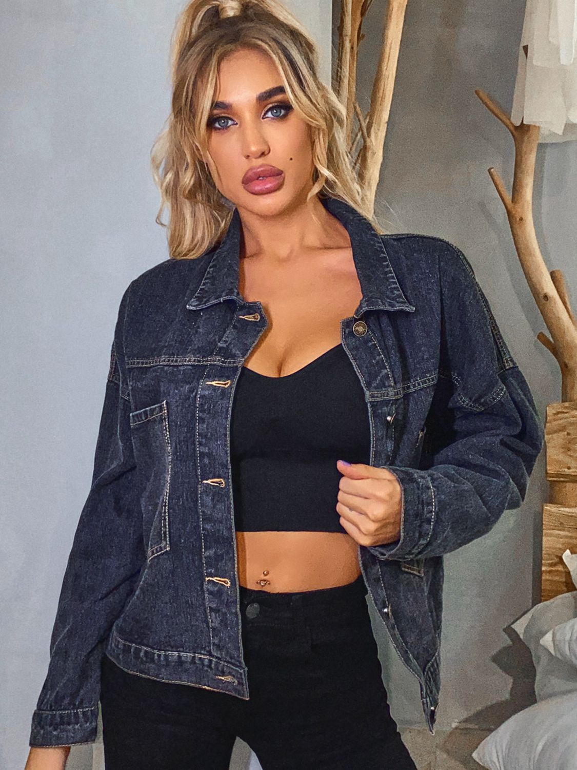 Collared Neck Dropped Shoulder Denim Jacket BLUE ZONE PLANET