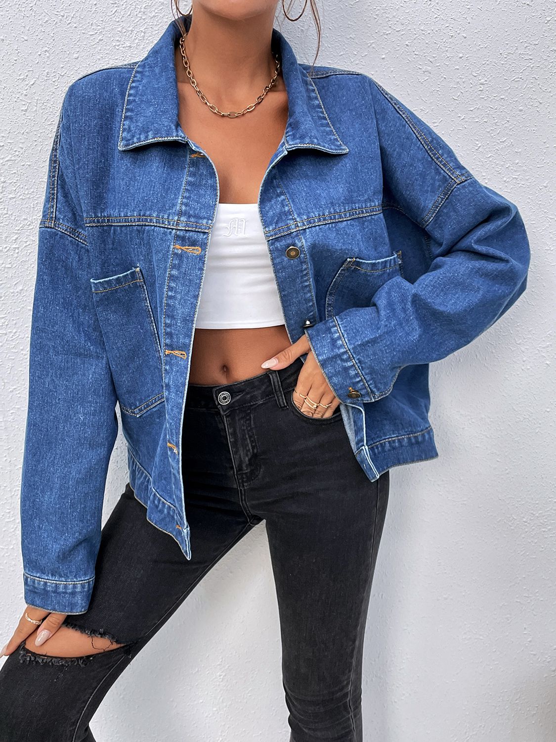 Collared Neck Dropped Shoulder Denim Jacket BLUE ZONE PLANET