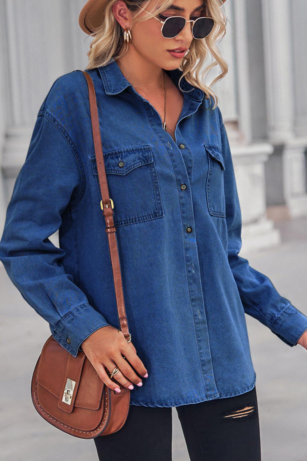 Collared Neck Dropped Shoulder Denim Top BLUE ZONE PLANET