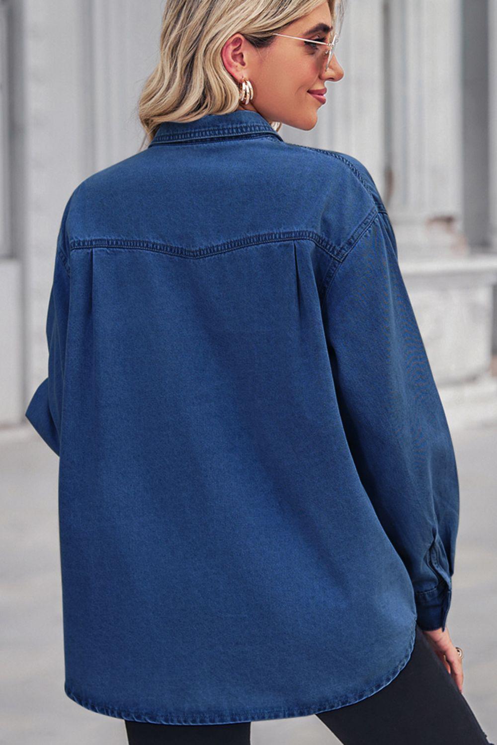 Collared Neck Dropped Shoulder Denim Top BLUE ZONE PLANET