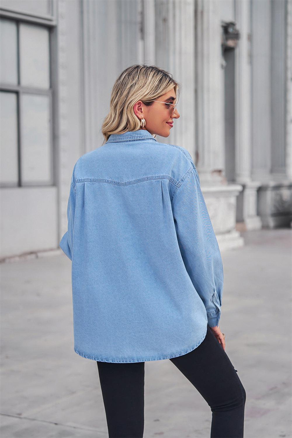 Collared Neck Dropped Shoulder Denim Top BLUE ZONE PLANET