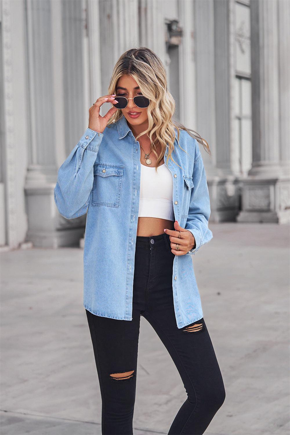 Collared Neck Dropped Shoulder Denim Top BLUE ZONE PLANET