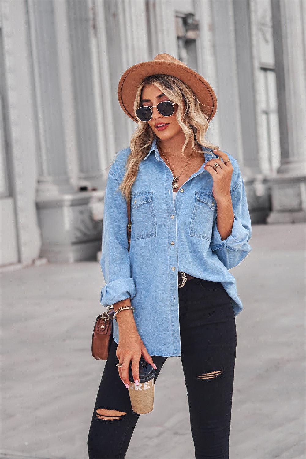 Collared Neck Dropped Shoulder Denim Top BLUE ZONE PLANET
