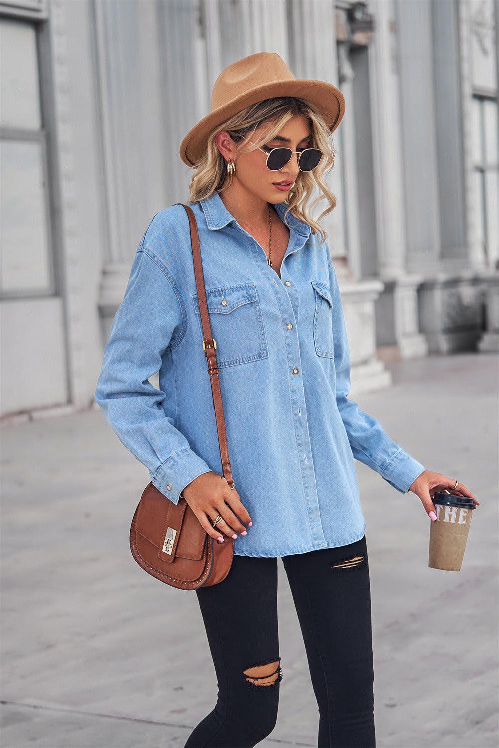 Collared Neck Dropped Shoulder Denim Top BLUE ZONE PLANET