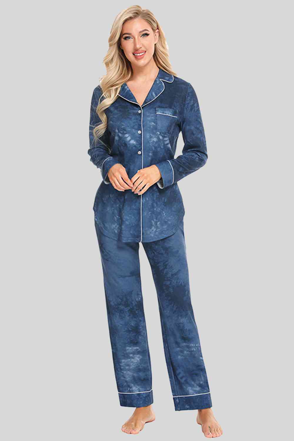Collared Neck Long Sleeve Loungewear Set with Pockets BLUE ZONE PLANET
