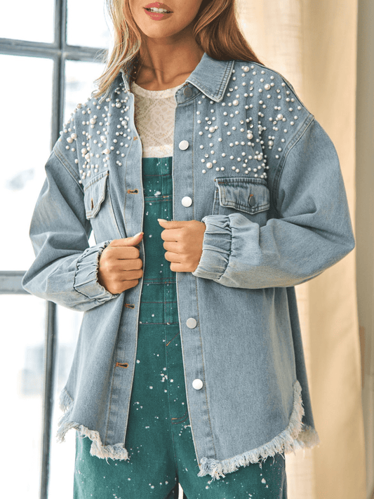 Collared Neck Raw Hem Dropped Shoulder Denim Jacket BLUE ZONE PLANET