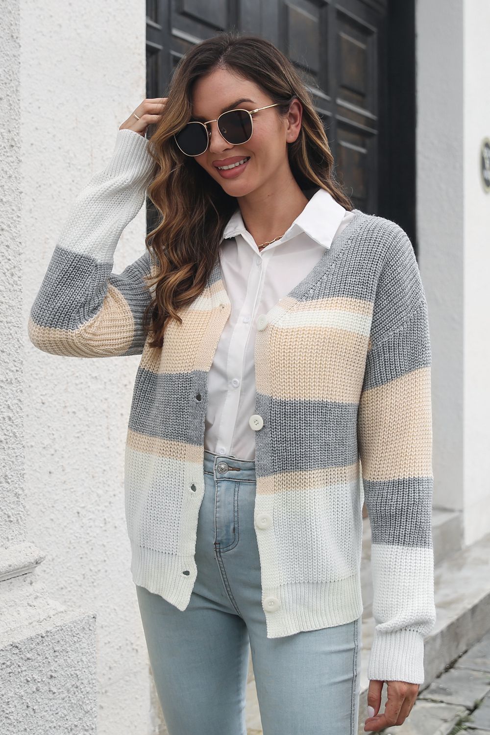 Color Block Button Down Cardigan BLUE ZONE PLANET