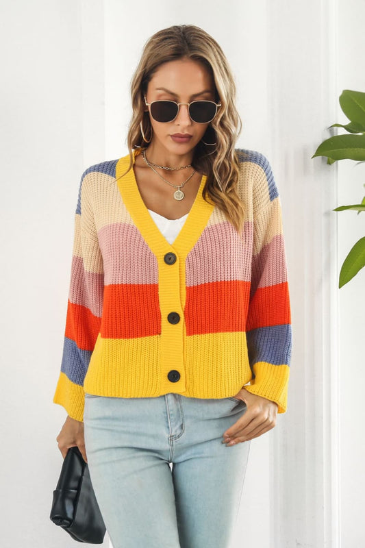 Color Block Button-Down Dropped Shoulder Cardigan BLUE ZONE PLANET