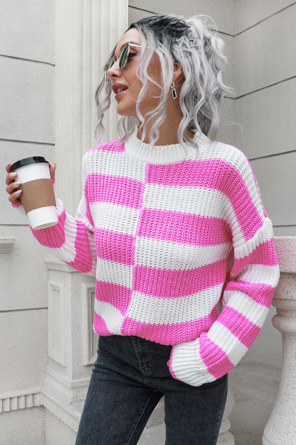 Color Block Dropped Shoulder Sweater BLUE ZONE PLANET