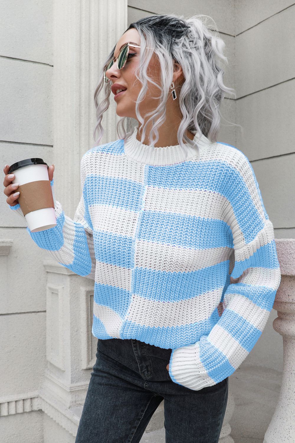 Color Block Dropped Shoulder Sweater BLUE ZONE PLANET