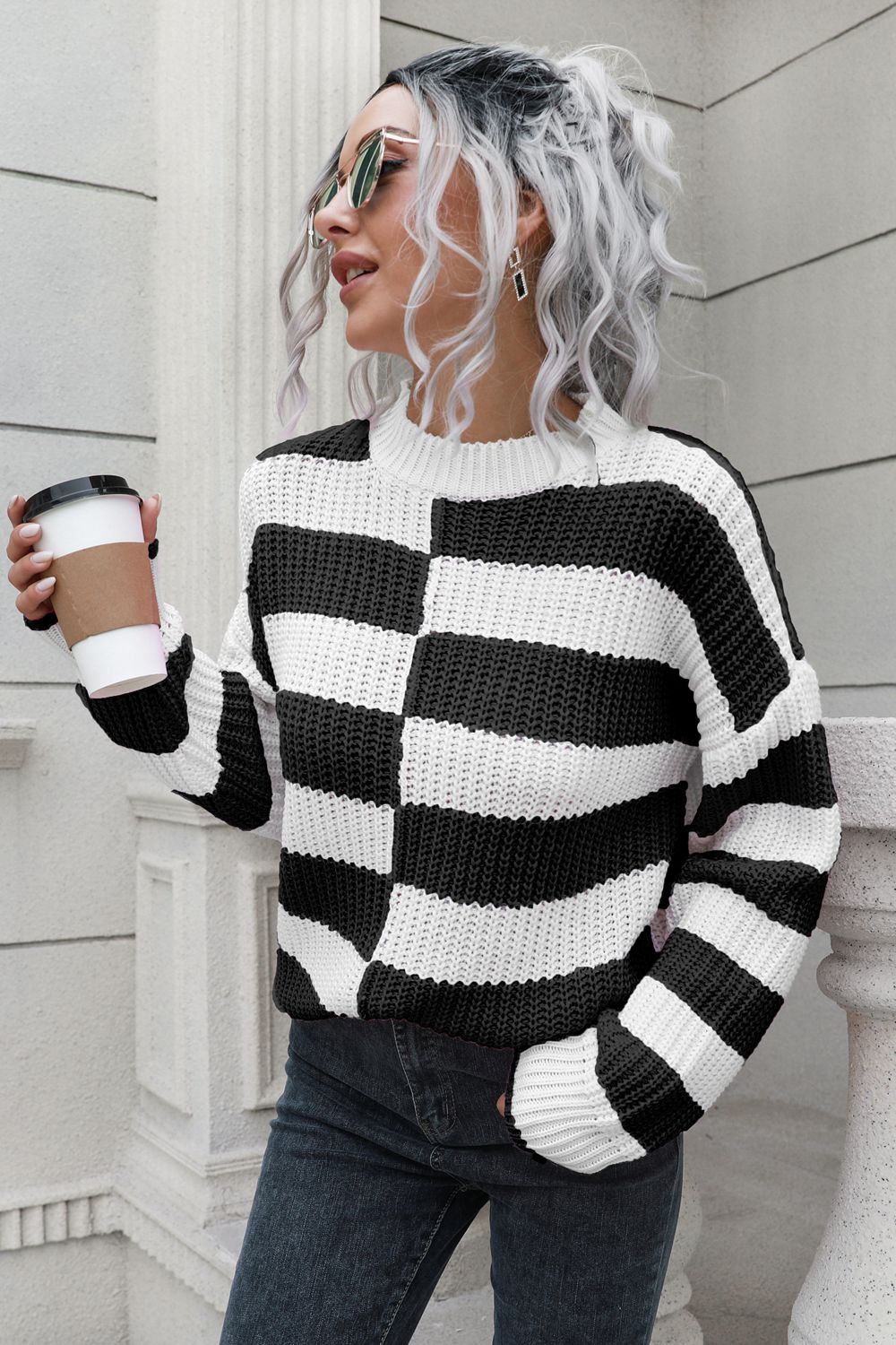 Color Block Dropped Shoulder Sweater BLUE ZONE PLANET
