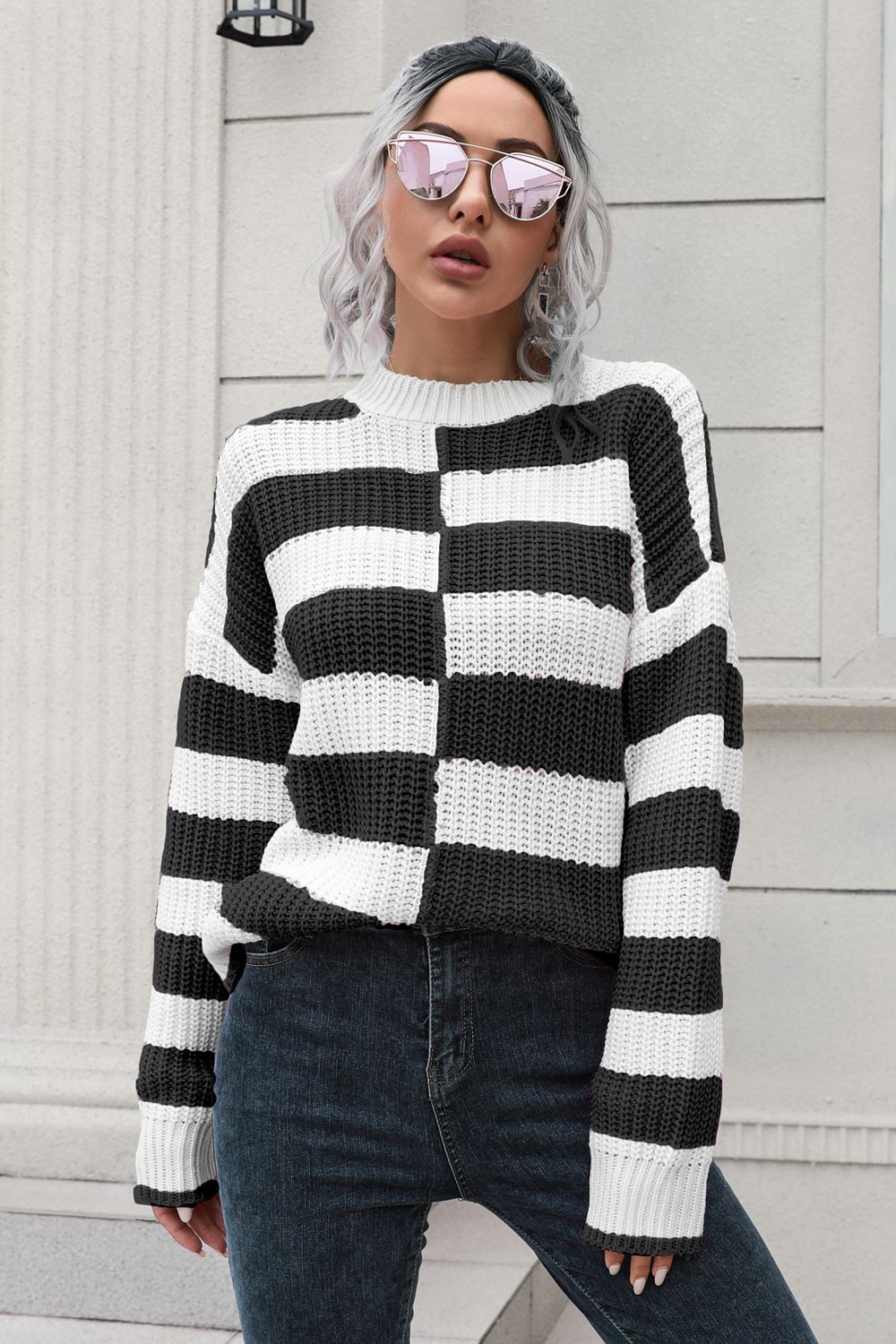 Color Block Dropped Shoulder Sweater BLUE ZONE PLANET