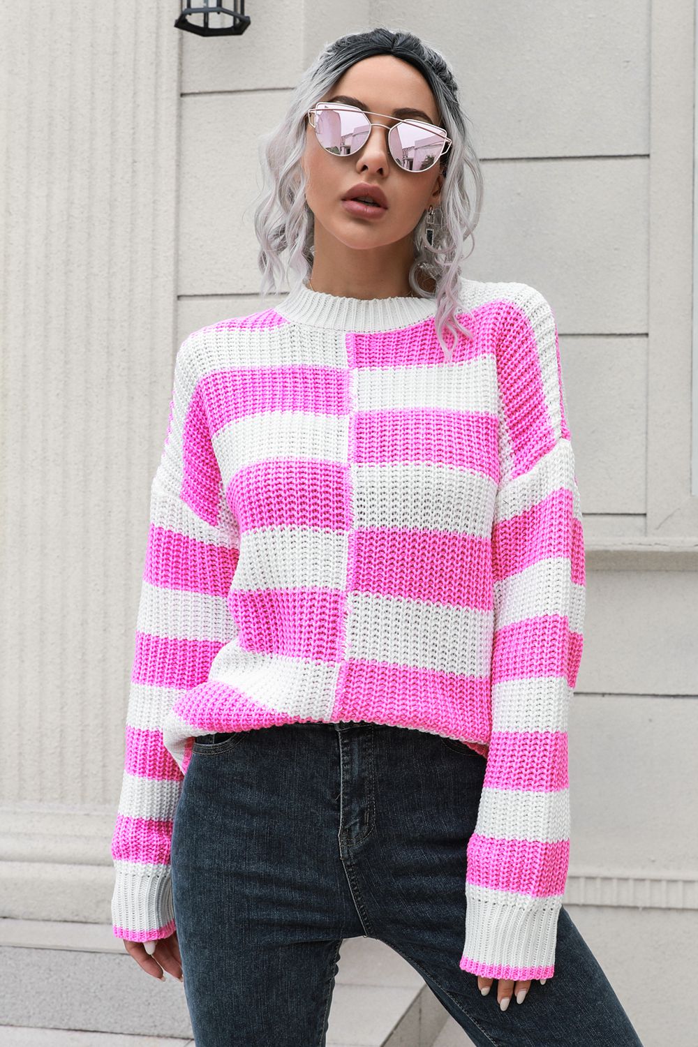 Color Block Dropped Shoulder Sweater BLUE ZONE PLANET