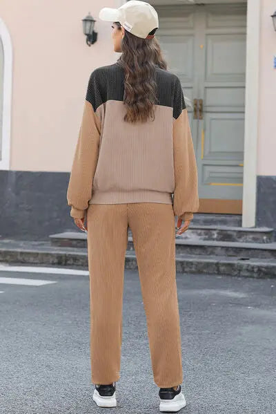 Color Block Dropped Shoulder Top and Pants Set BLUE ZONE PLANET