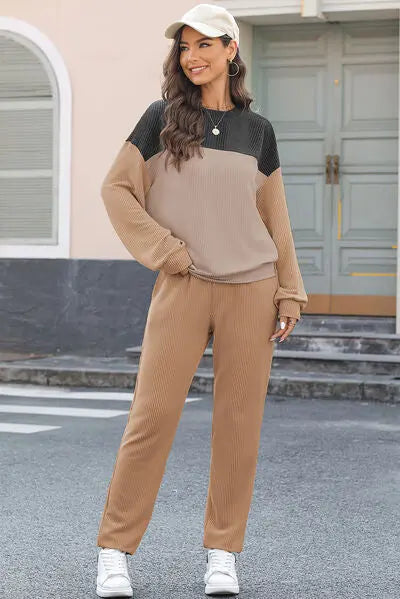 Color Block Dropped Shoulder Top and Pants Set BLUE ZONE PLANET