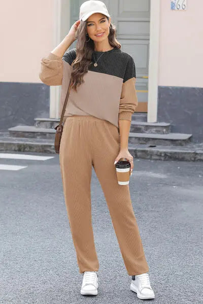 Color Block Dropped Shoulder Top and Pants Set BLUE ZONE PLANET