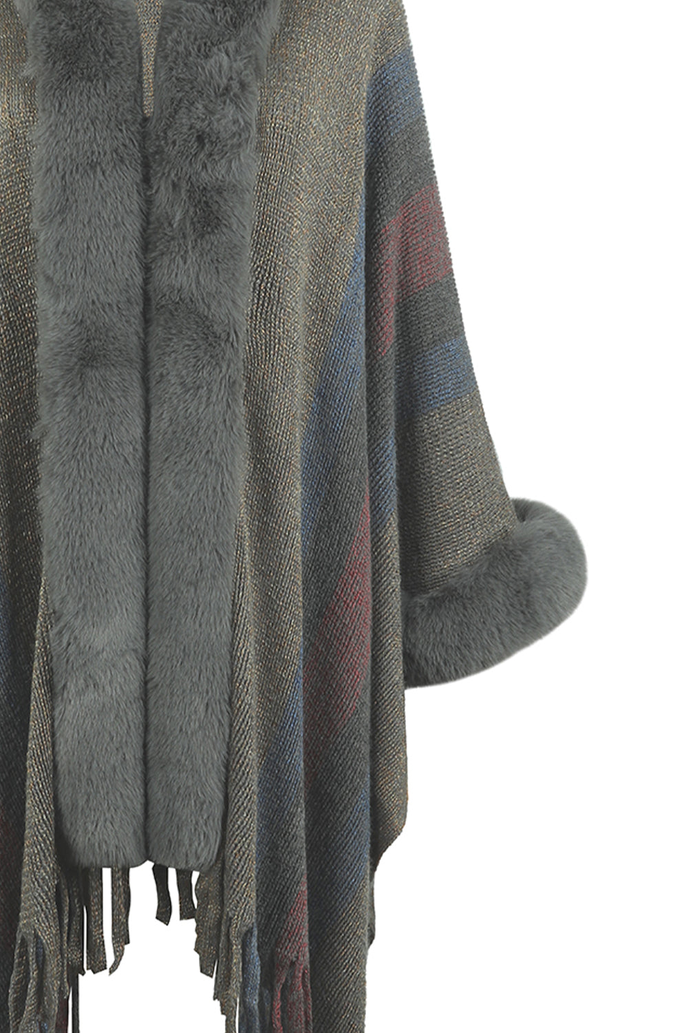 Color Block Fringe Detail Poncho BLUE ZONE PLANET