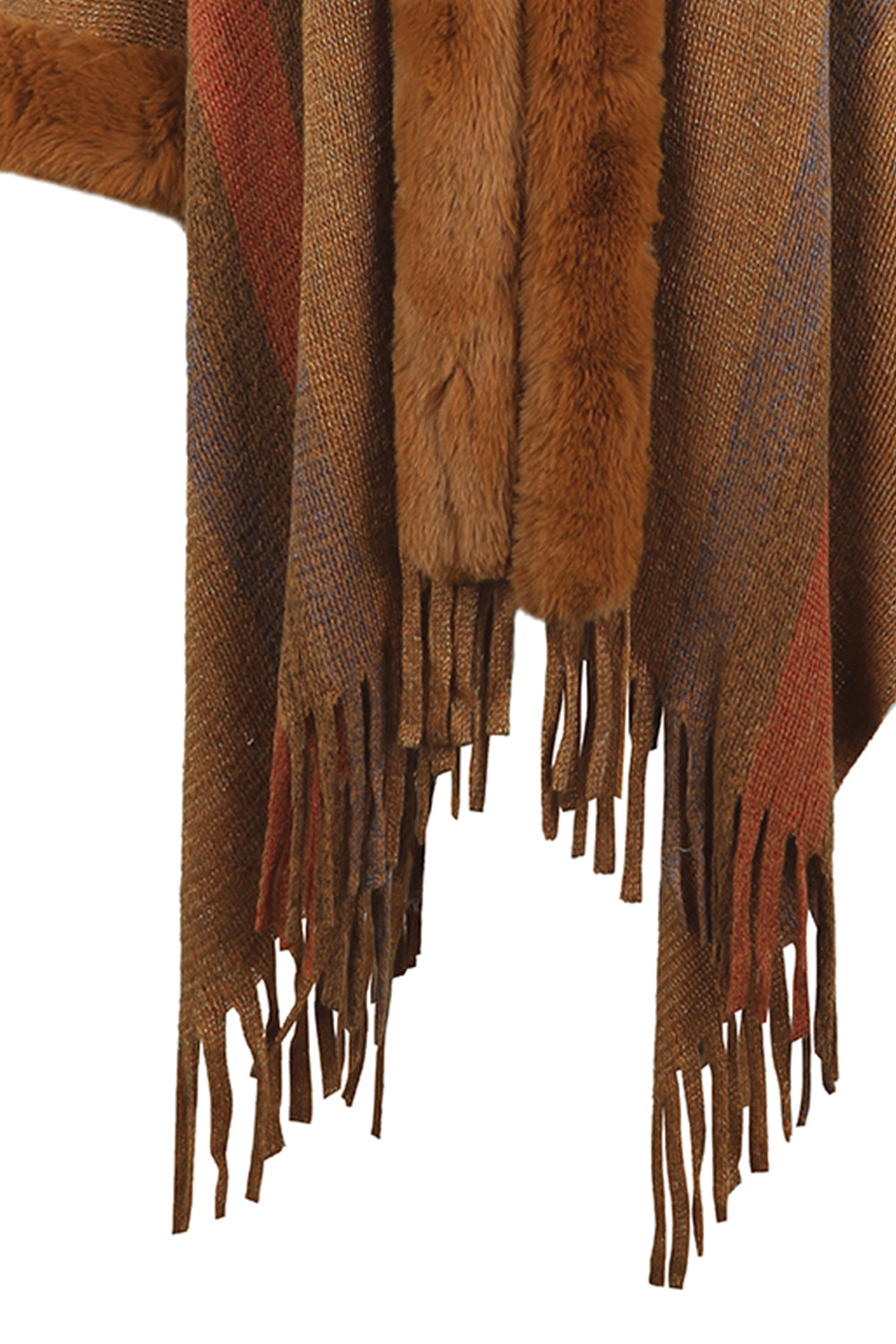 Color Block Fringe Detail Poncho BLUE ZONE PLANET