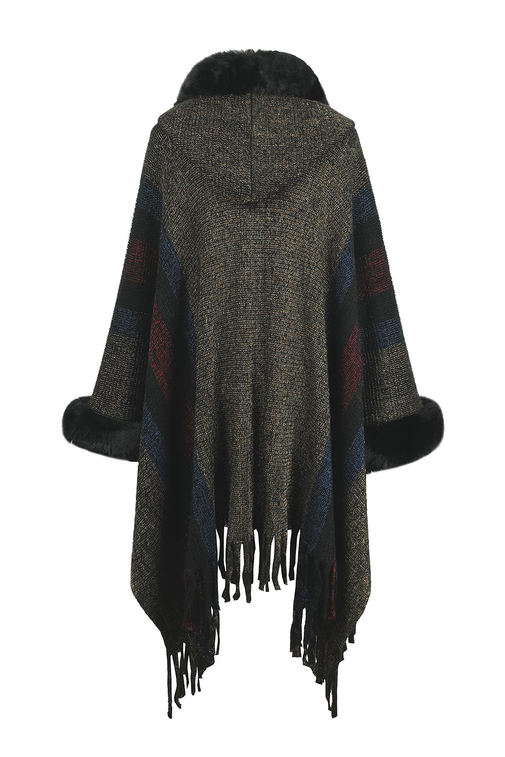 Color Block Fringe Detail Poncho BLUE ZONE PLANET