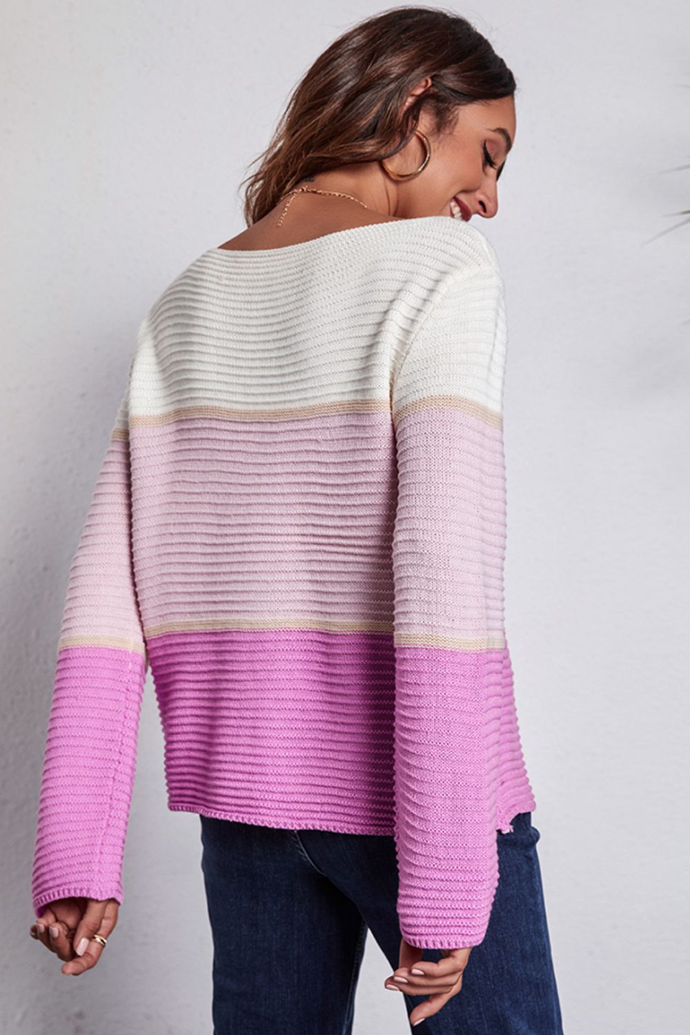 Color Block Horizontal Ribbing Sweater BLUE ZONE PLANET