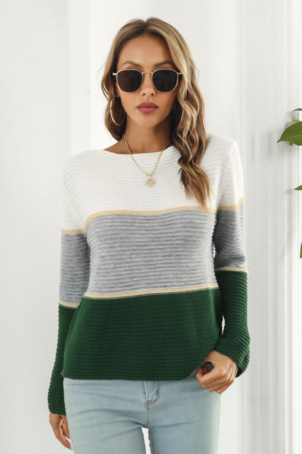 Color Block Horizontal Ribbing Sweater BLUE ZONE PLANET