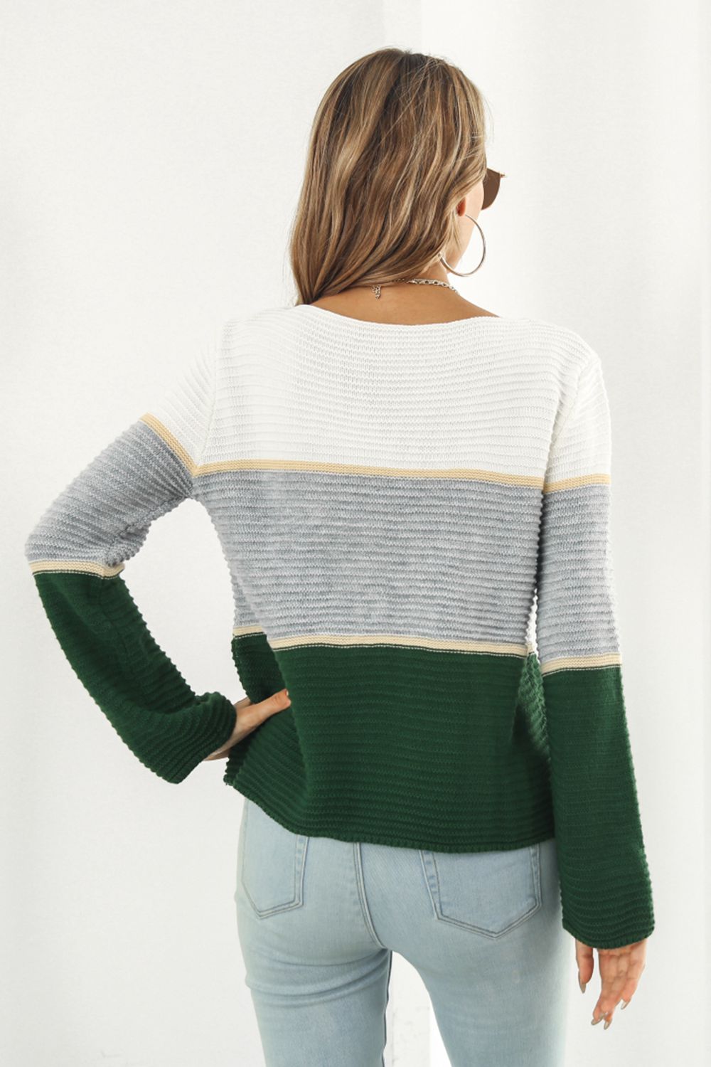 Color Block Horizontal Ribbing Sweater BLUE ZONE PLANET