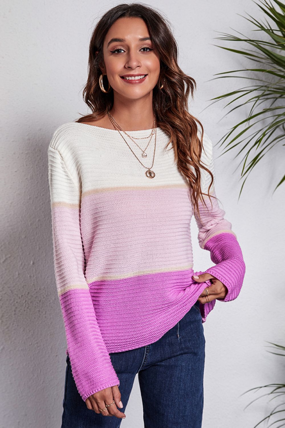 Color Block Horizontal Ribbing Sweater BLUE ZONE PLANET