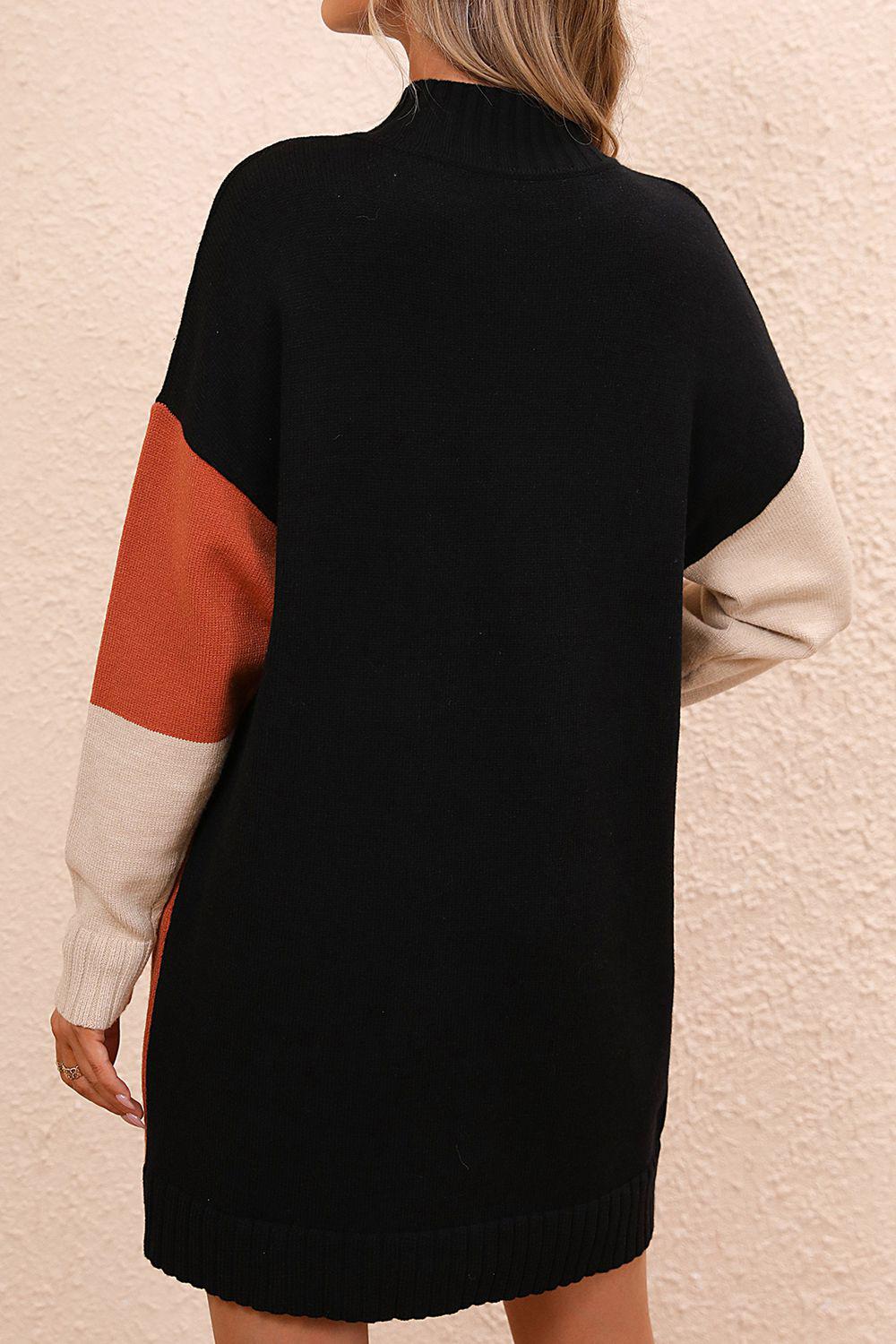 Color Block Mock Neck Dropped Shoulder Sweater Dress BLUE ZONE PLANET