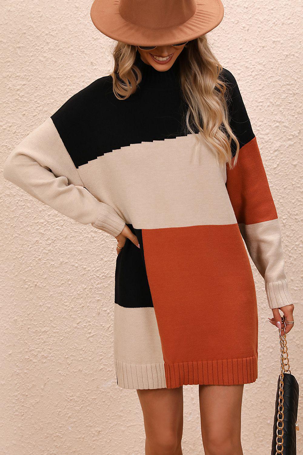 Color Block Mock Neck Dropped Shoulder Sweater Dress BLUE ZONE PLANET