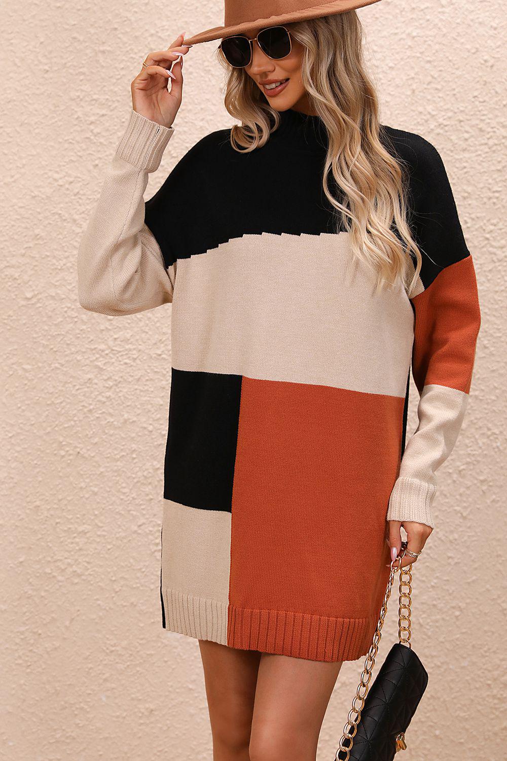 Color Block Mock Neck Dropped Shoulder Sweater Dress BLUE ZONE PLANET