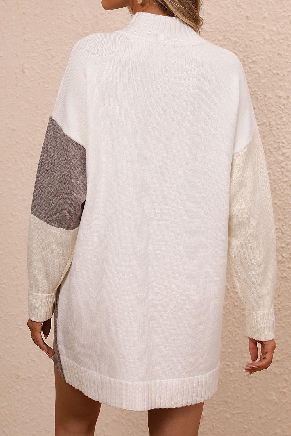 Color Block Mock Neck Dropped Shoulder Sweater Dress BLUE ZONE PLANET