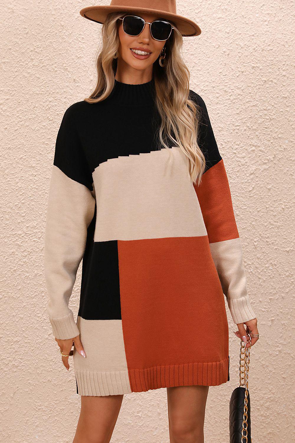 Color Block Mock Neck Dropped Shoulder Sweater Dress BLUE ZONE PLANET