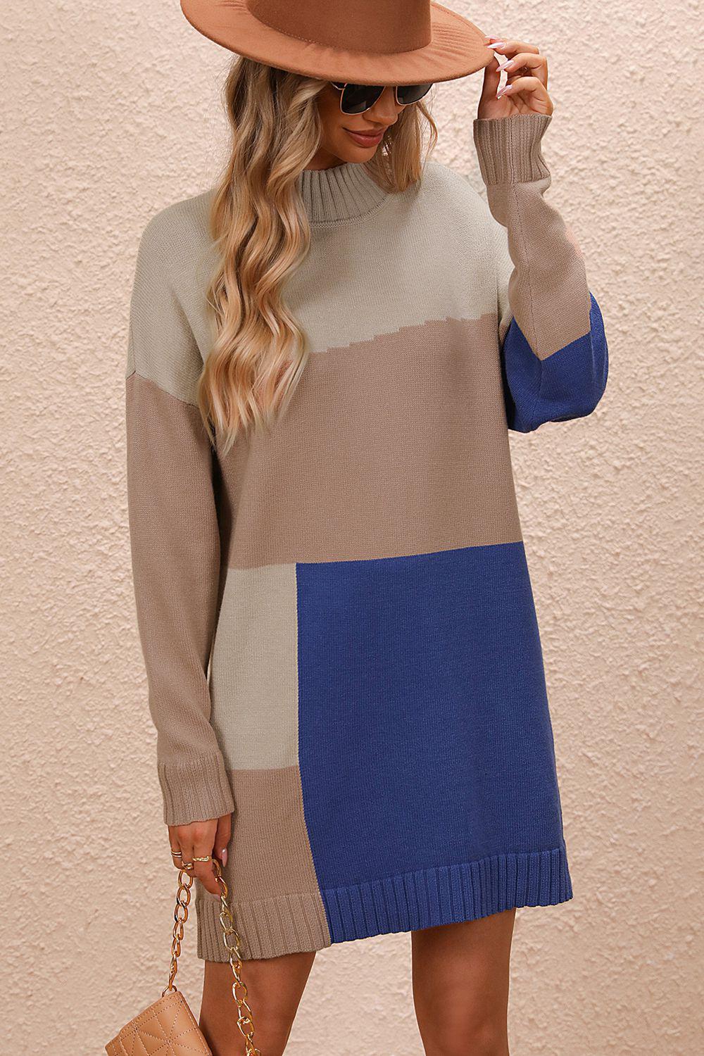 Color Block Mock Neck Dropped Shoulder Sweater Dress BLUE ZONE PLANET