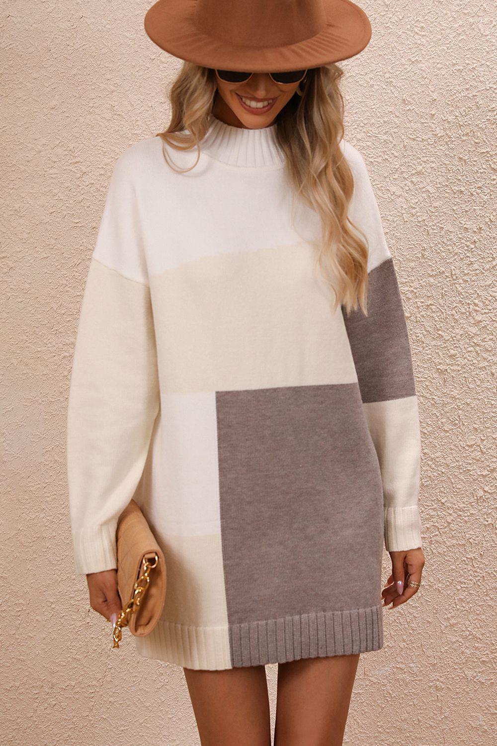 Color Block Mock Neck Dropped Shoulder Sweater Dress BLUE ZONE PLANET