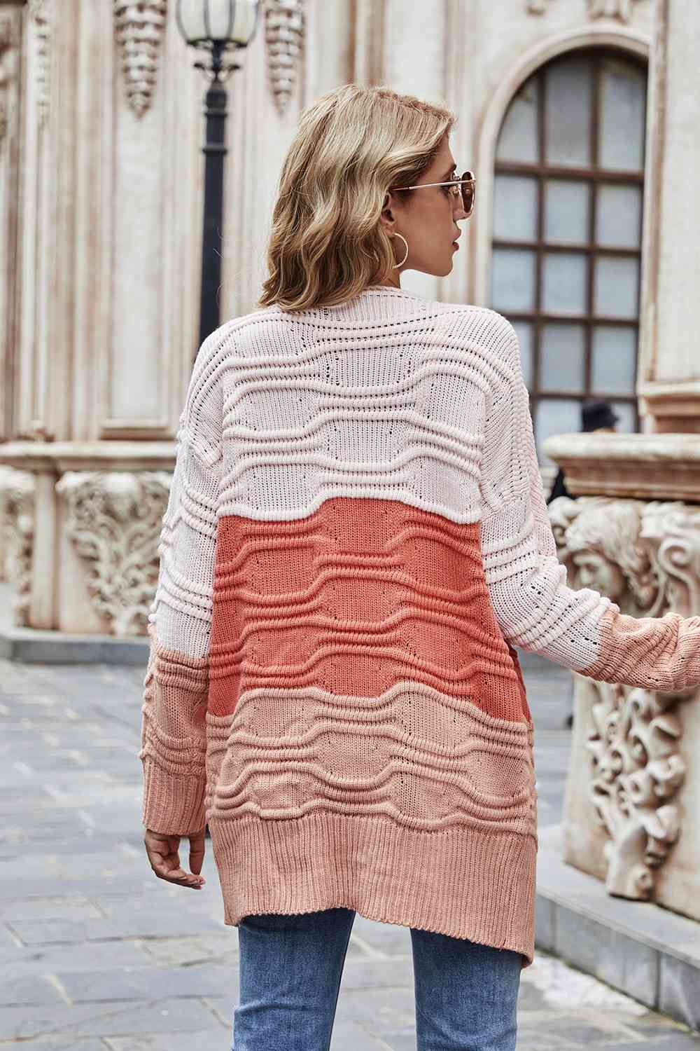 Color Block Openwork Open Front Cardigan BLUE ZONE PLANET