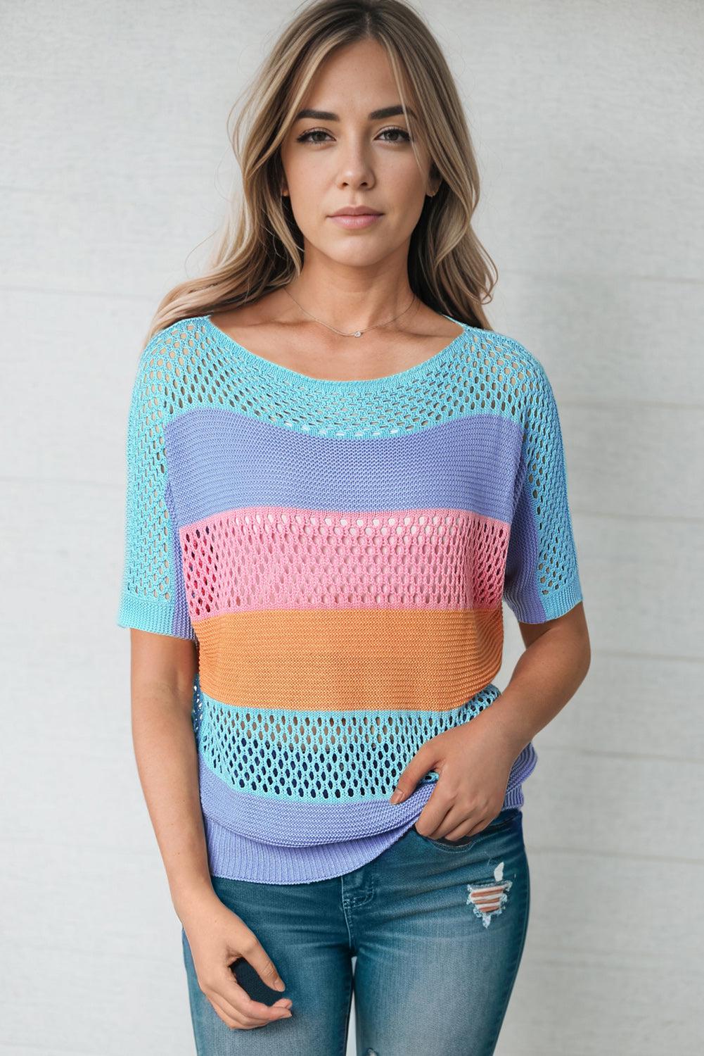 Color Block Openwork Round Neck Pullover Sweater BLUE ZONE PLANET