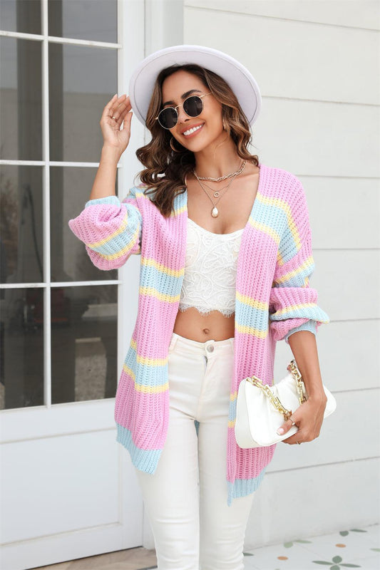 Color Block Ribbed Dropped Shoulder Open Front Cardigan BLUE ZONE PLANET