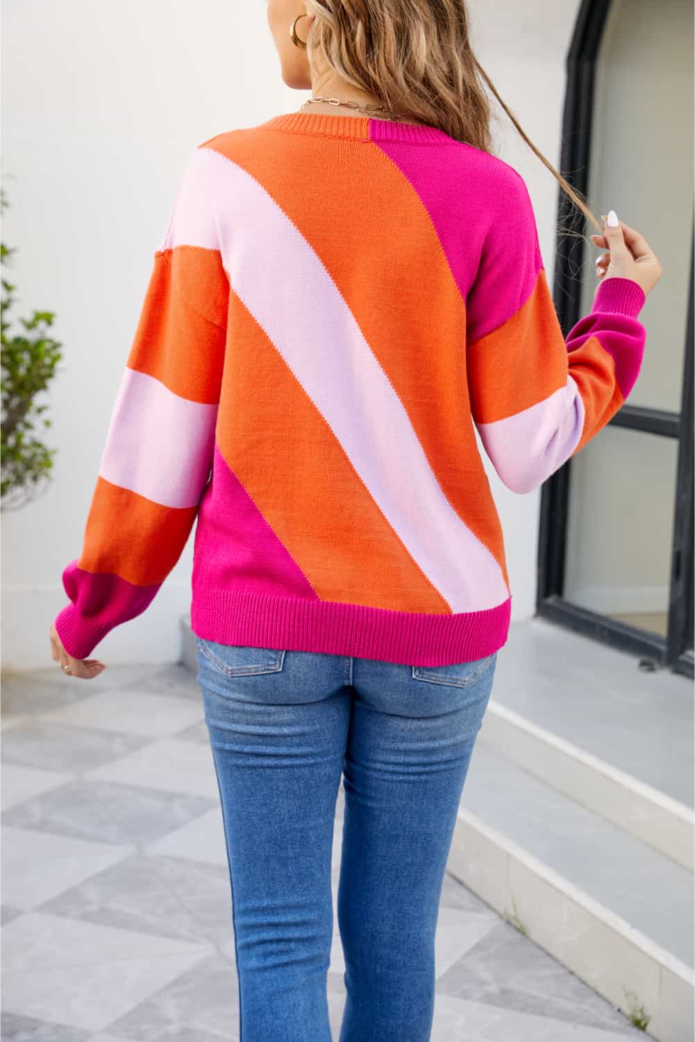 Color Block Ribbed Round Neck Sweater BLUE ZONE PLANET
