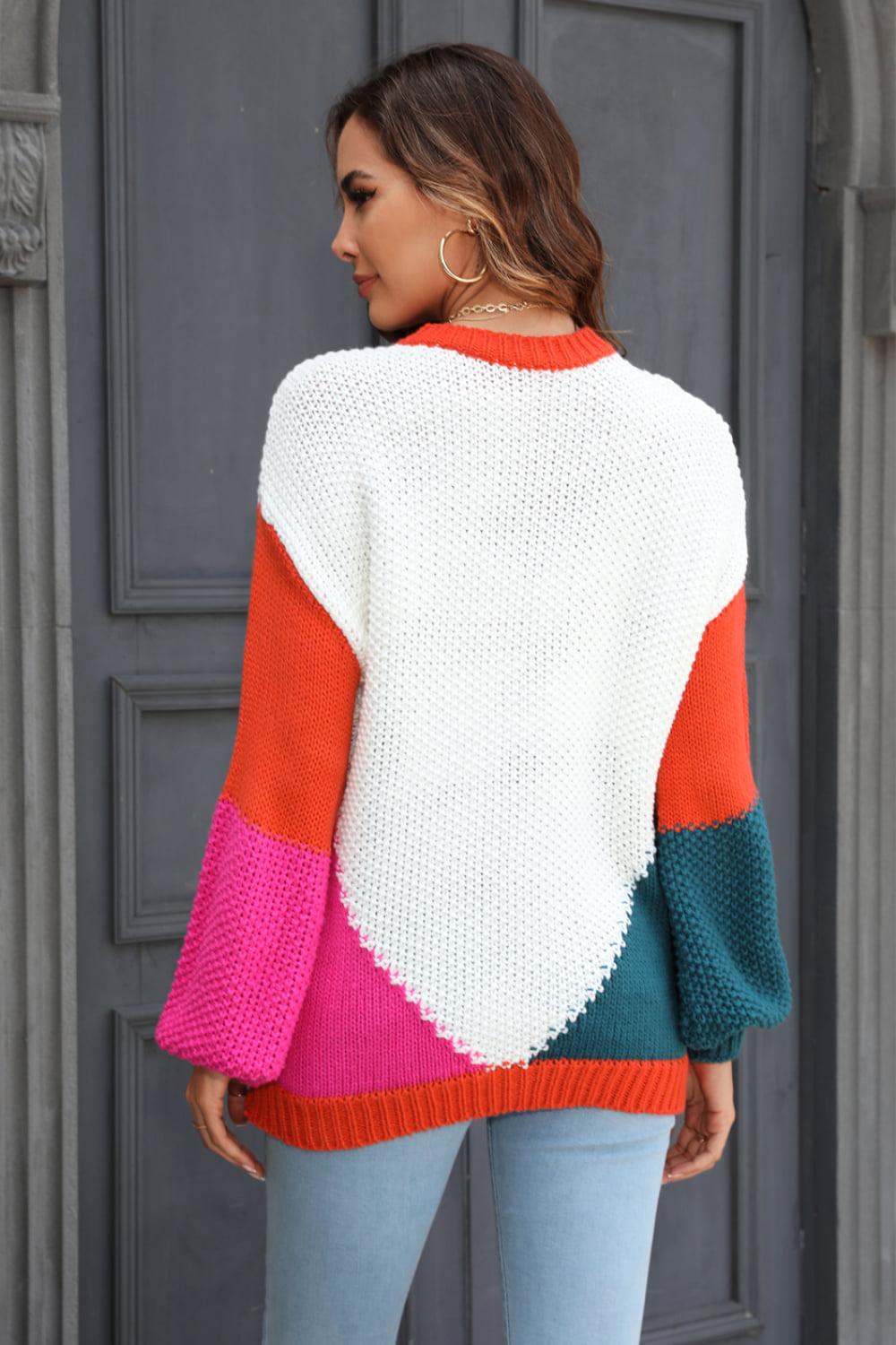 Color Block Round Neck Drop Shoulder Sweater BLUE ZONE PLANET