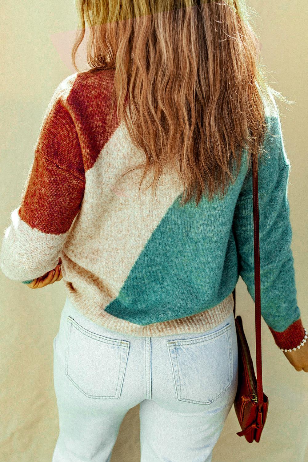 Color Block Round Neck Dropped Shoulder Pullover Sweater BLUE ZONE PLANET