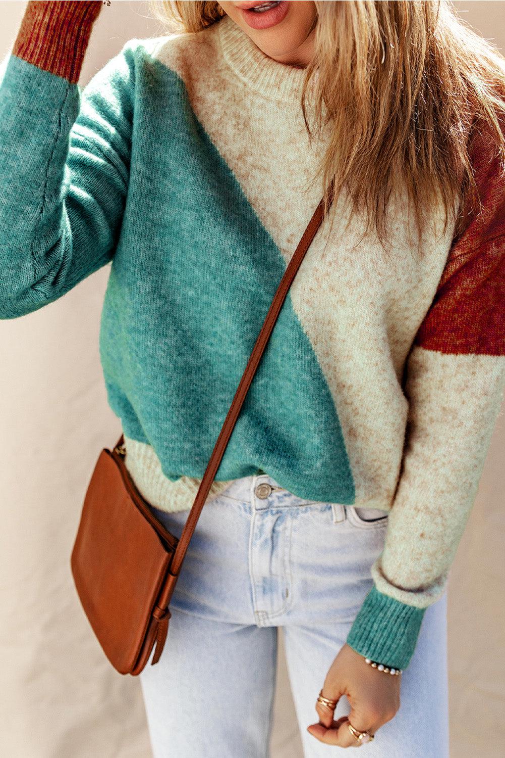 Color Block Round Neck Dropped Shoulder Pullover Sweater BLUE ZONE PLANET