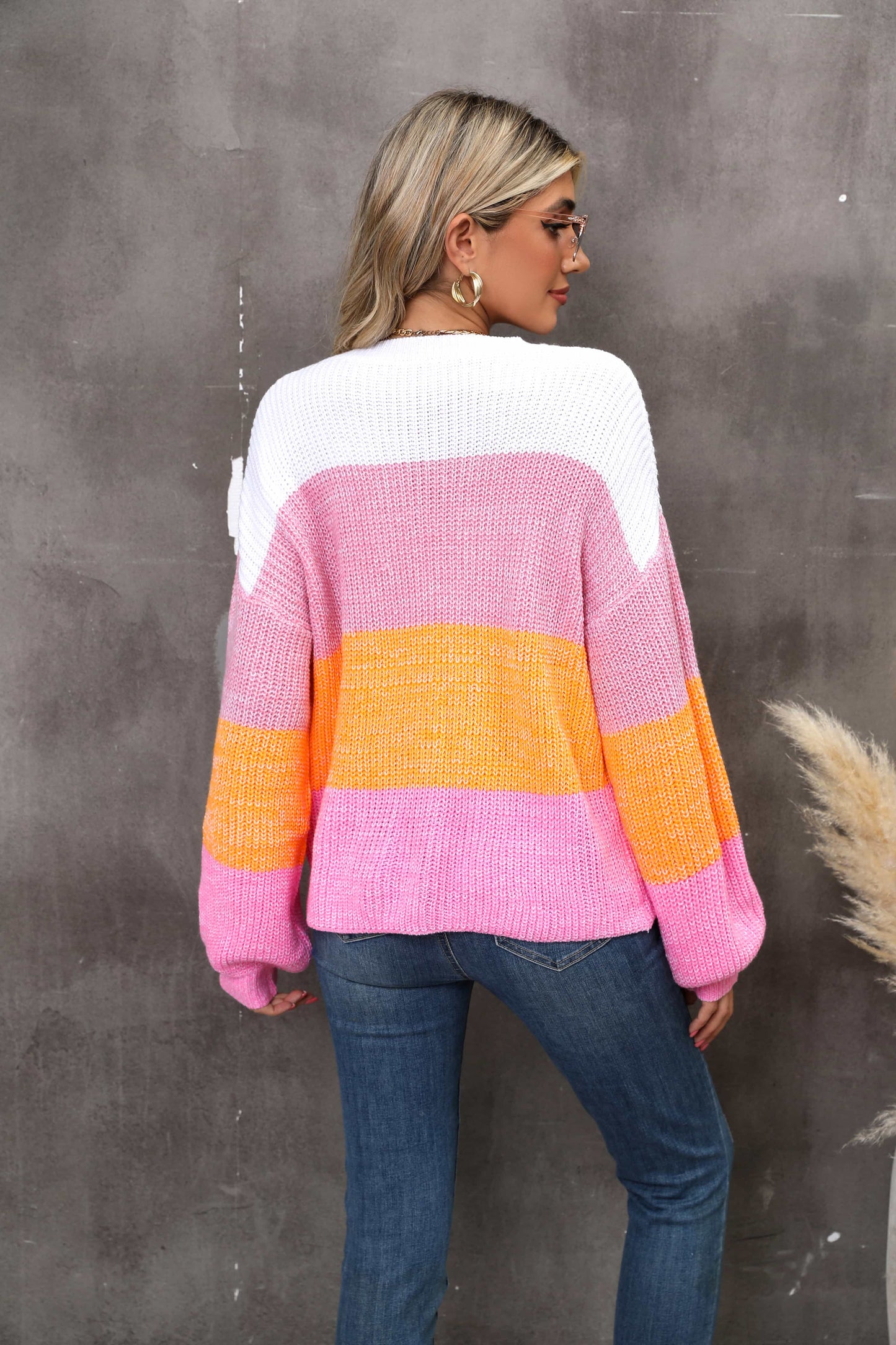 Color Block Round Neck Dropped Shoulder Sweater BLUE ZONE PLANET