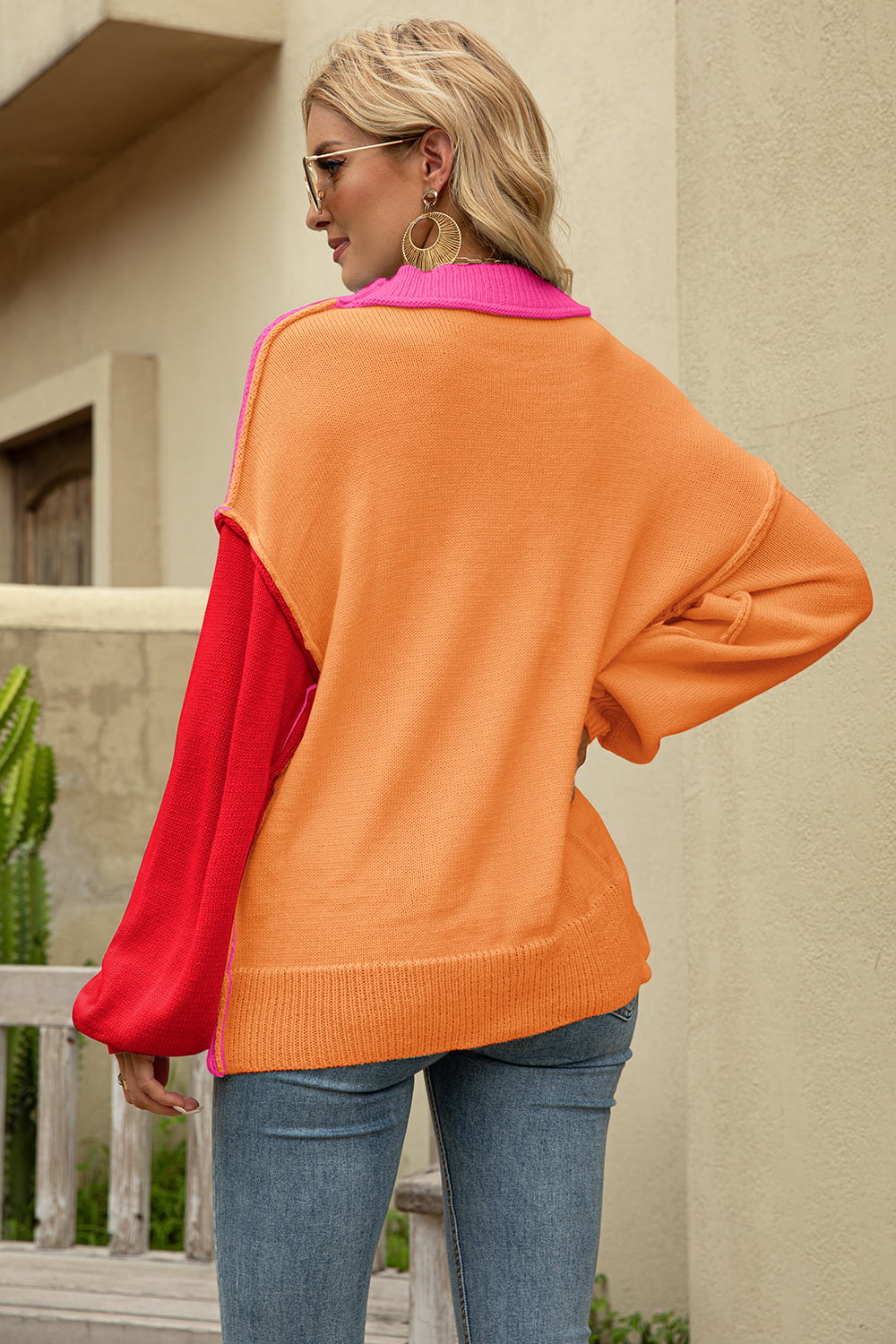 Color Block Round Neck Dropped Shoulder Sweater BLUE ZONE PLANET