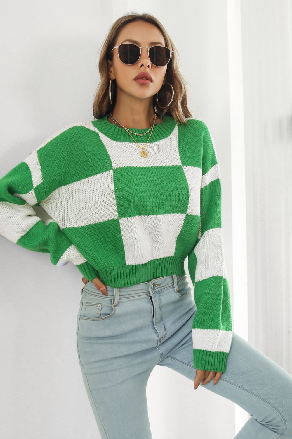 Color Block Round Neck Dropped Shoulder Sweater BLUE ZONE PLANET