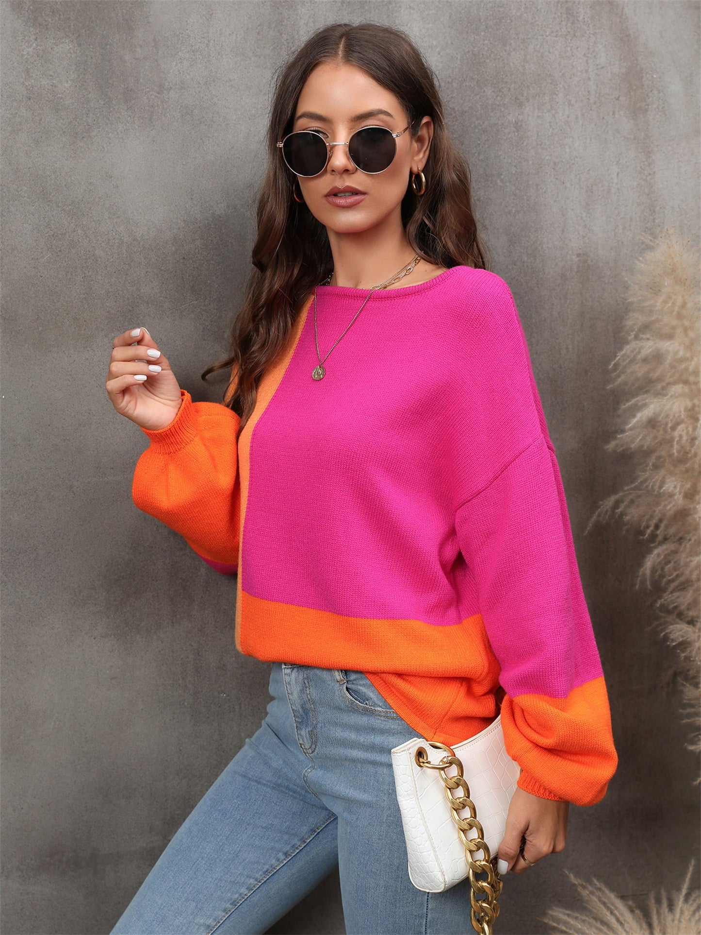 Color Block Round Neck Dropped Shoulder Sweater BLUE ZONE PLANET