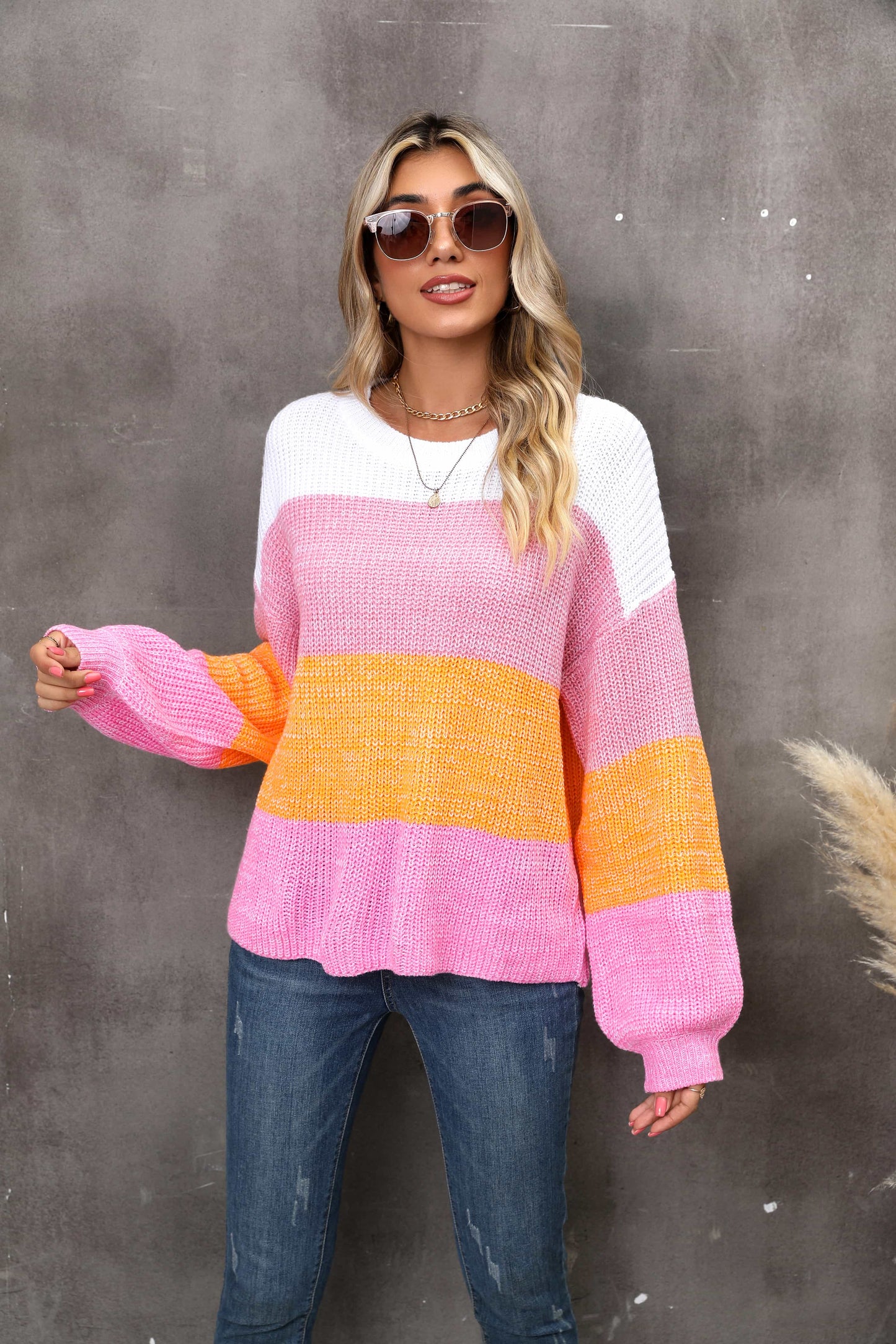 Color Block Round Neck Dropped Shoulder Sweater BLUE ZONE PLANET