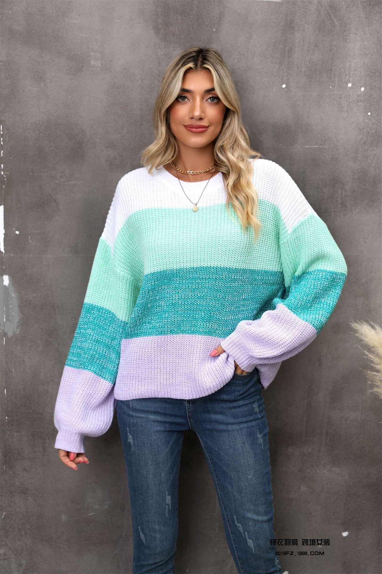 Color Block Round Neck Dropped Shoulder Sweater BLUE ZONE PLANET