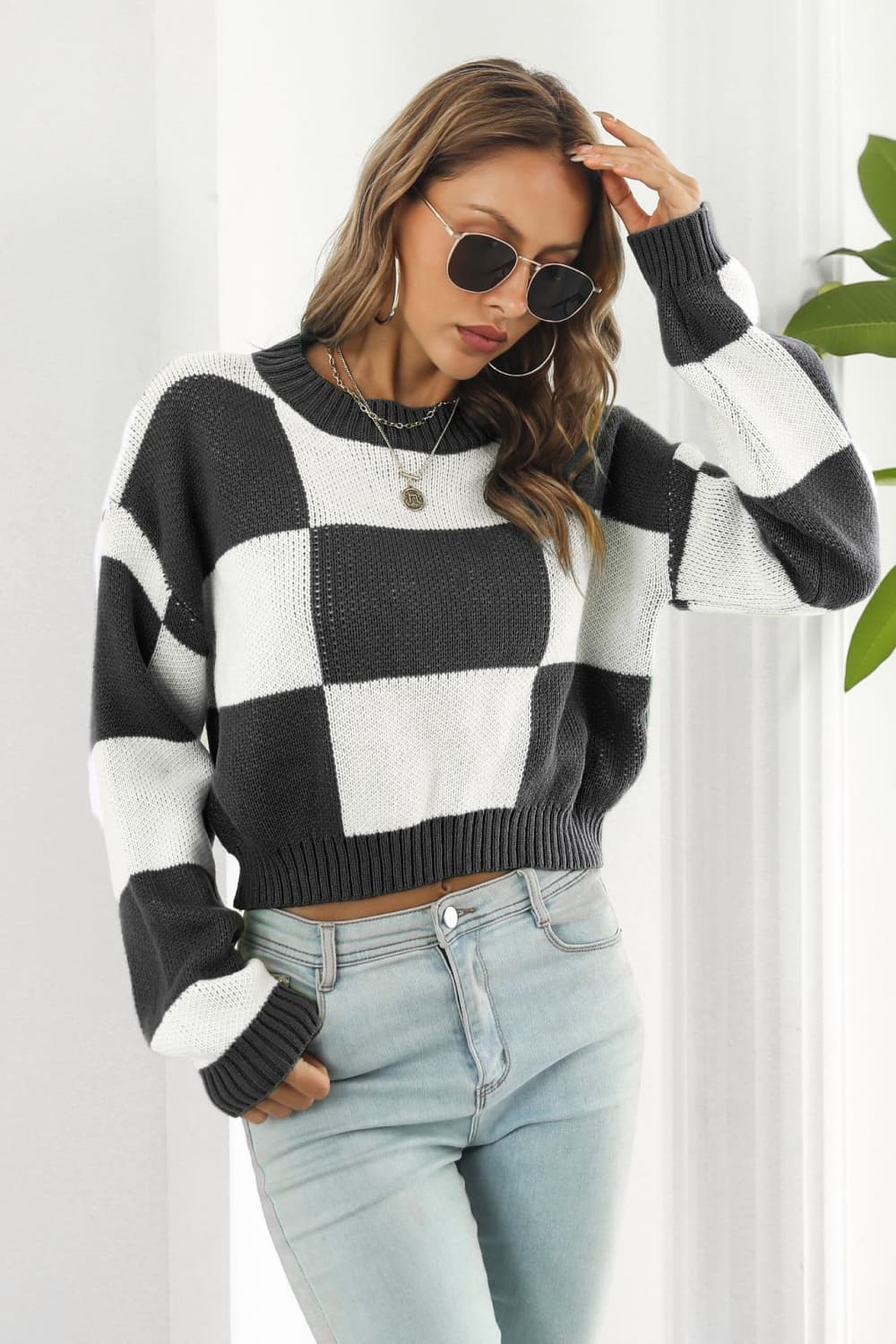 Color Block Round Neck Dropped Shoulder Sweater BLUE ZONE PLANET